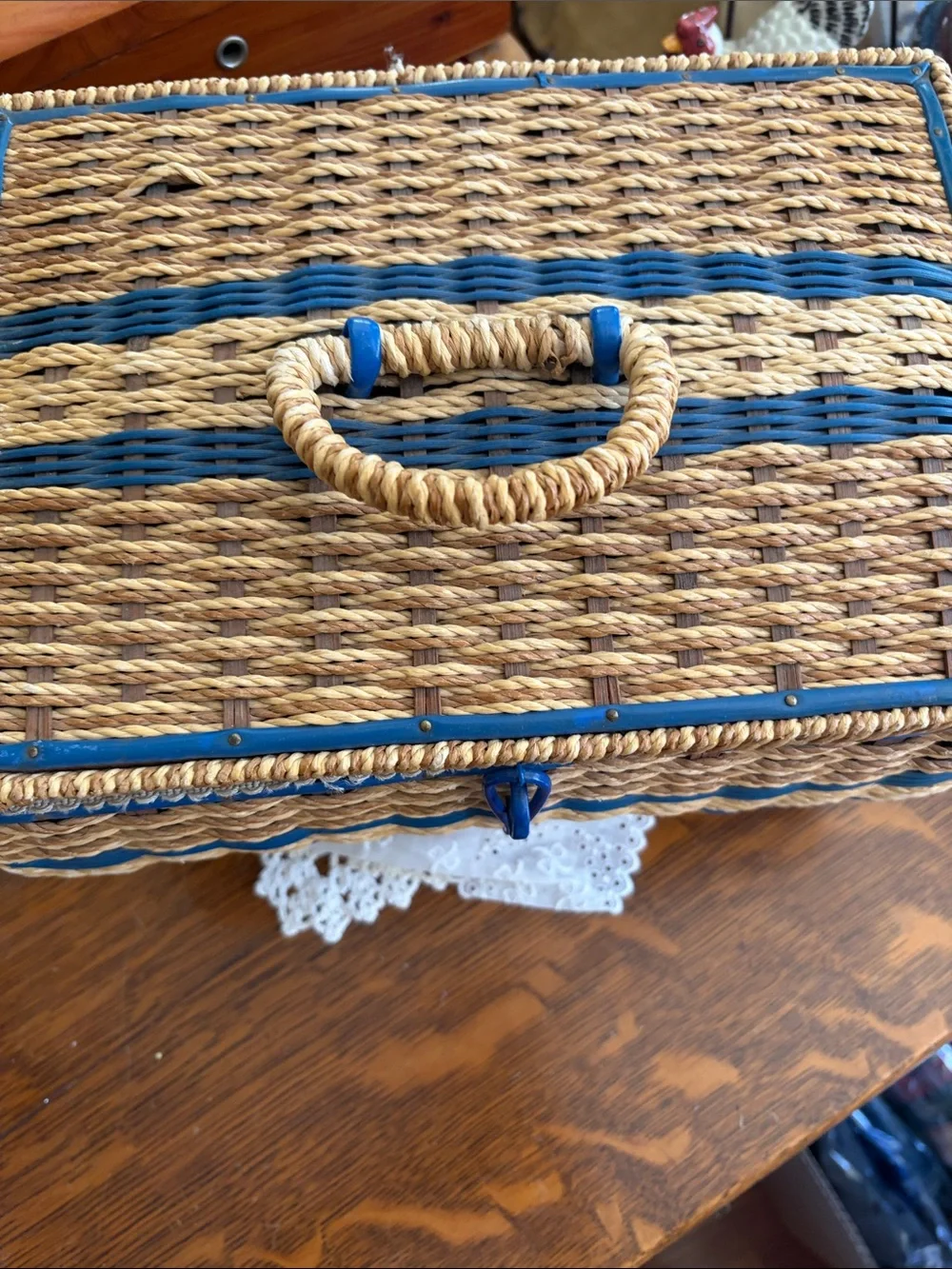 Woven Straw Storage Basket with Blue Trim and Handle